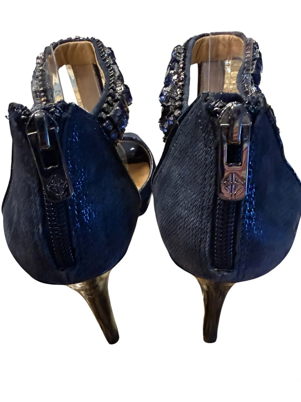 ANTONIO MELANI Navy Blue T-Strap Jeweled 4”  Heels Womens Size 8 Leather Sole